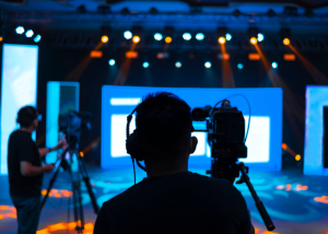 A camera operator standing in front of a camera mounted on a tripod. Another camera operator can be seen in the blurred background. Both operators are pointing their cameras at a setup of multiple screens.